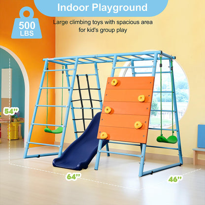 YuAnWe 6 in 1 Indoor Playground, Metal Jungle Gym with Climbing Wall, Slide, Monkey Bars, Rope Ladders and Two Swings, Playset for Kids Ages 3-12