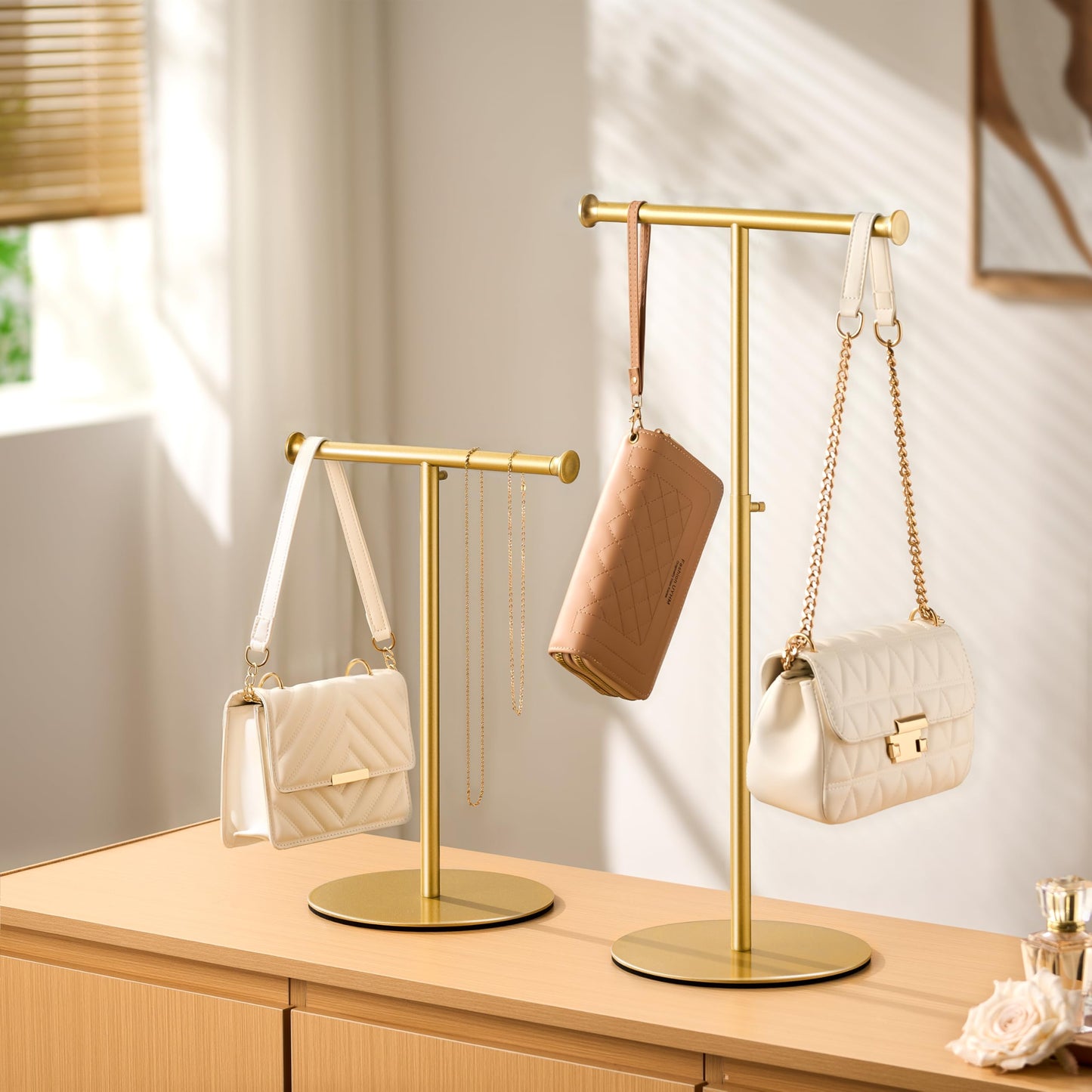 niffgaff 2 Pack 15‘’-24‘’ T Bar Purse Display Stand Tabletop: Adjustable Height Handbag Holder, Countertop Hanging Rack for Long Necklace Scarf Lanyard, Gold
