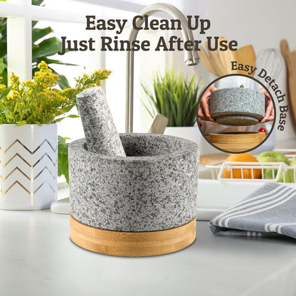 Heavy Duty Mortar and Pestle Set with Bamboo Base, Large 2 Cups Natural Granite Bowl for Guacamole and Masher