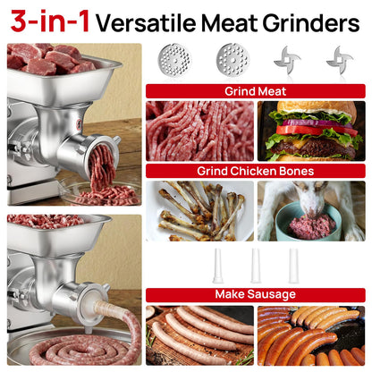 ARINOO Electric Meat Grinder, Grinds Chicken Bones, 1.5 HP Heavy Duty Stainless Steel Commercial #12 Meat Mincer Machine with 2 Plates, 2 Blades and 3 Sausage Tubes for Home Use, 7 Lbs/Min