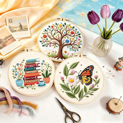 FEIYUENO Beginner Embroidery Kit for Adults, 3-Pack Easy Needlepoint Starter Kits with Pre-Stamped Book Embroidery Patterns, 7.8" Hoop, Floss & Needles, Step-by-Step Guide (Book Tree)