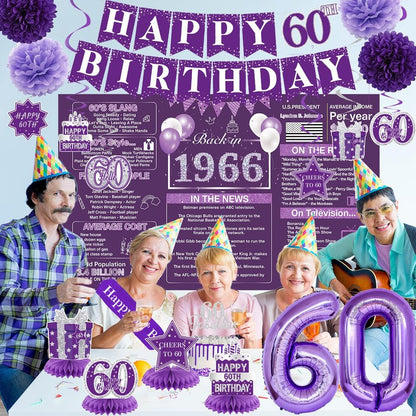 Crenics Purple 60th Birthday Decorations for Women - Back in 1966 Backdrop, Banner, Swirls, Centerpieces, Sash, Paper Pom Poms, Cake Topper and Balloons for 60 Birthday Party Supplies