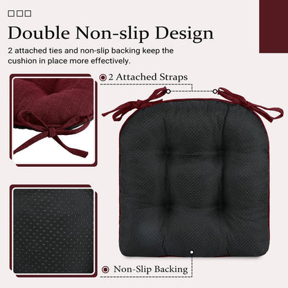 Wellsin Chair Cushions for Dining Chairs, Non-Slip Kitchen Chair Pads with Ties, Tufted Shredded Foam Kitchen Chair Cushions Set of 4, 15.5" X 15.5",Burgundy