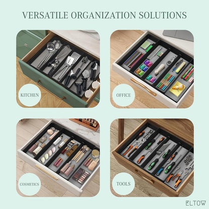 ELTOW Expandable Utensil Drawer Organizer, 5 Compartment Non-Slip & Adjustable Large Tray for Kitchen Drawers, Black