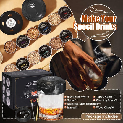 Electric Whiskey Smoker Kit With Light Modes, No Butane Needed, Rechargeable Cocktail Smoker Kit with LED Display & 6 Wood Chips, Old Fashioned Smoker Kit Bourbon Gifts for Men Dad Him