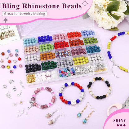 Dowarm 480PCS 10mm Rhinestone Beads Kit for Jewelry Making Baseball Necklace Friendship Bracelet, Round Disco Ball Rhinestone Clay Beading Set with Crackle Spacer Beads Charms for DIY Crafting
