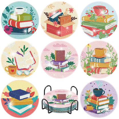 8 Pcs Book Diamond Art Coasters Kit - DIY 5D Diamond Painting Coasters with Holder, Mini Diamonds Arts Kits for Adults Coaster with Cork Pads, Gem Arts Dots Painting Crafts Supplies for Home Decor