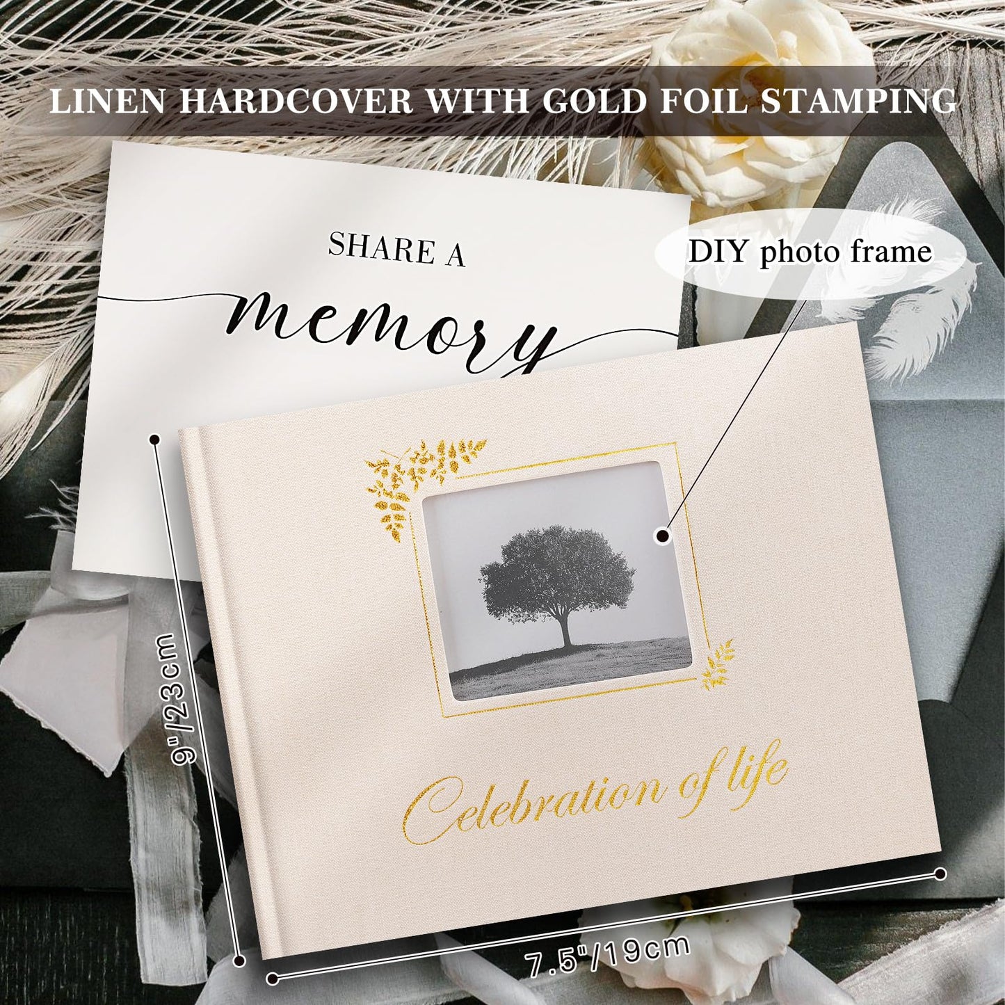 Lanpn Funeral Guest Book for Memorial Service, Linen Celebration of Life Registry Guest Book with Open Window, Memory Book for Funeral with Table Sign, Funeral Favors Sign in Books for Guests, Beige