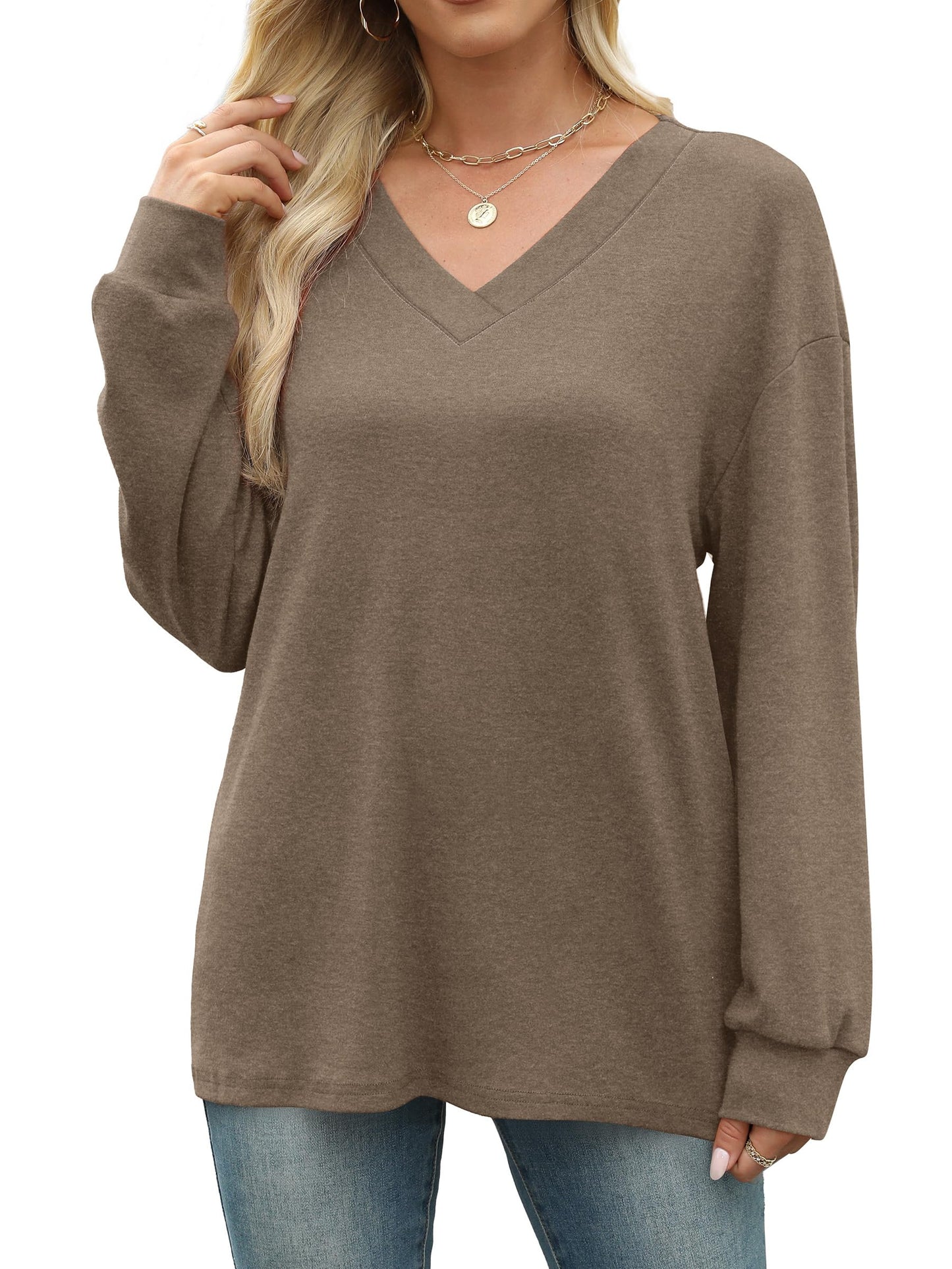 WIHOLL Long Sleeve Shirts for Women V Neck Tops Tunic Fall Winter Sweatshirts 2025 Clothes