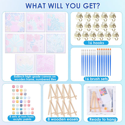 RoundFunny 8 Set Paint by Numbers Kit for Adults with 8x8 Inch Mini Simple Painting Canvas Wooden Frame Easel Acrylic Paints Brushes Funny Numbers Drawing Kit for Gift Home Wall Decor(Simple Blossom)