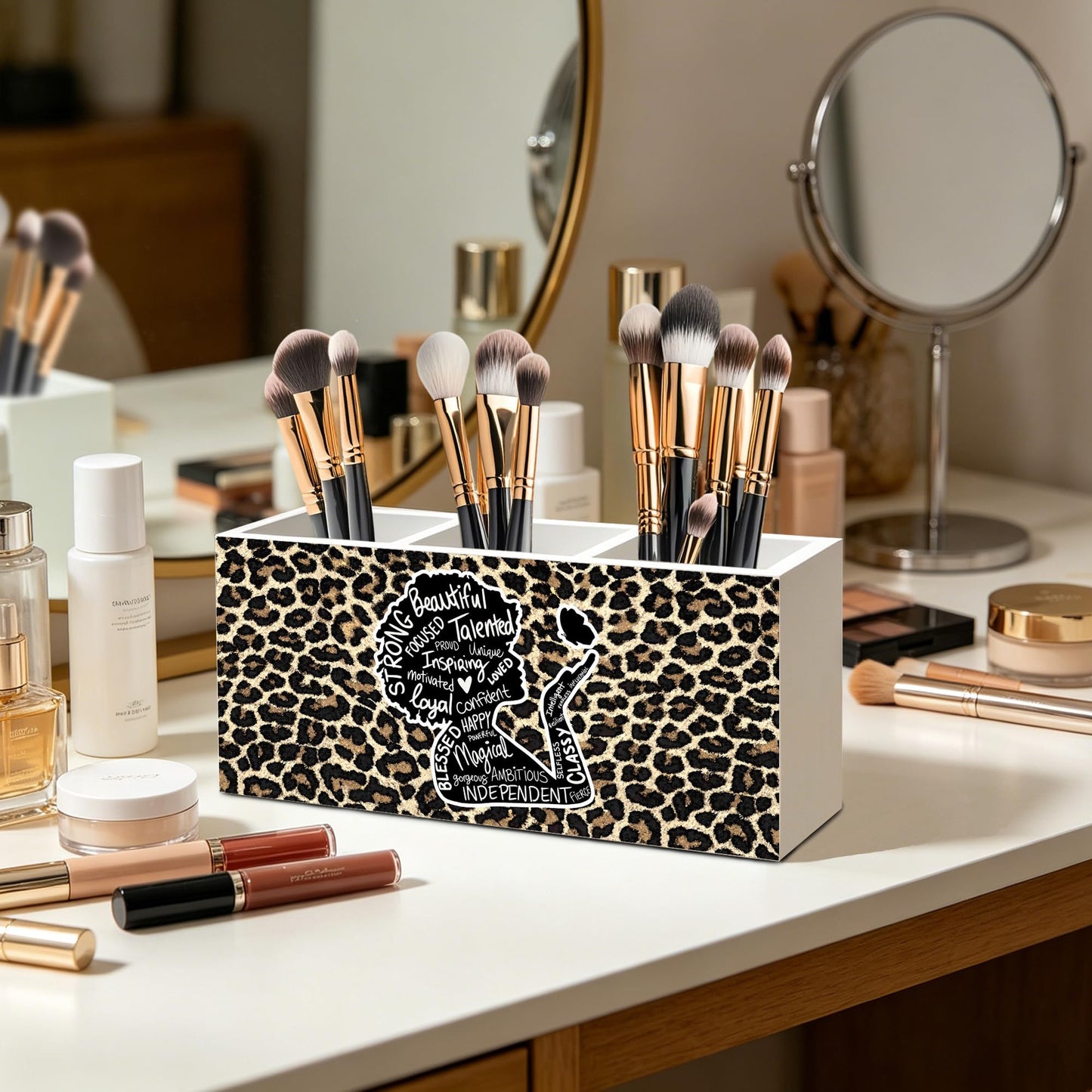 NHGMHBD Inspirational Black Girl Woman Leopard Print Makeup Brush Toothbrush Holder for African American Women, Black Girl Magic Cheetah Print Wood Signs Pen Pencil Holder Organizer Desk Accessories