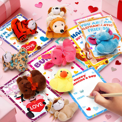 Valentines Day Gifts for Kids Classroom, 24 Pack Valentines Day Cards with Animal Plush Toy, Stuffered Animal Toys for Valentines Gifts Exchange, Kids Valentines Party Favors Supply For Boys Girls