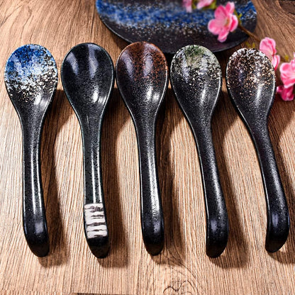 7 inch Japanese and Korean Ramen Spoon Set of 5, Long Handle Ceramic Soup Spoons for Miso, Asian Soup