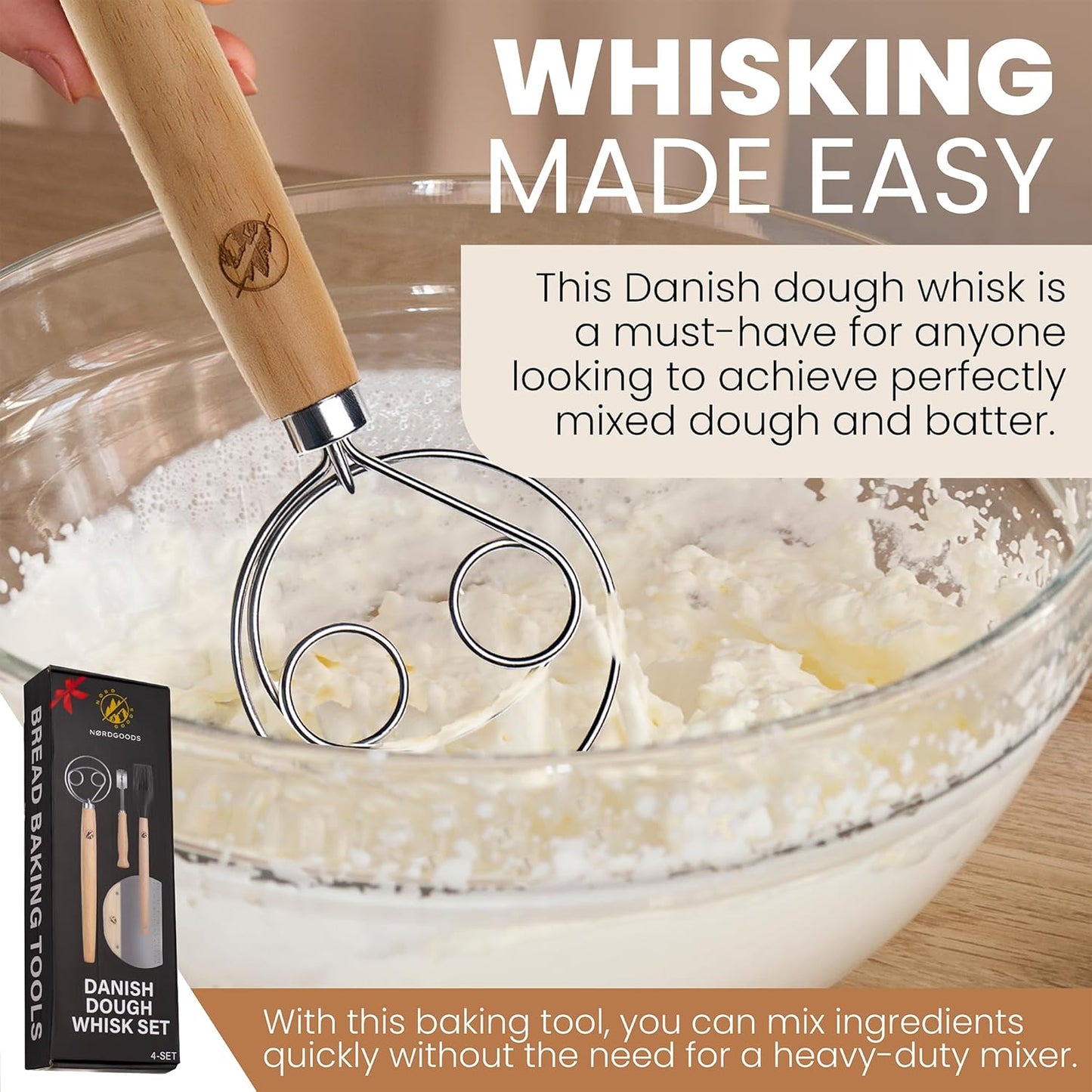 Danish Dough Whisk Kit for Sourdough, 4 Pcs Bread Making Tools with Whisk, Bench Scraper, Bread Lame & Brush