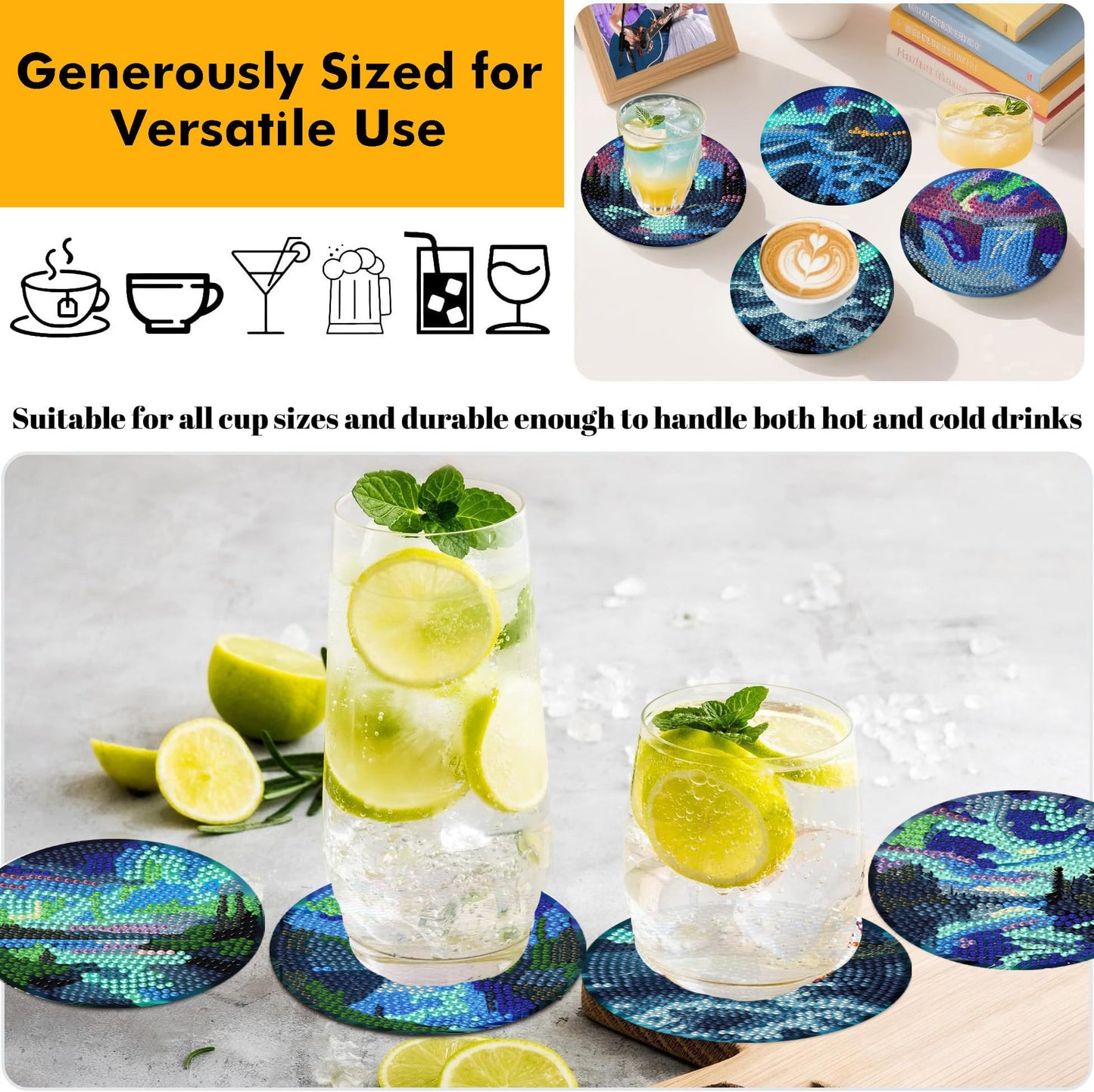 Northern Lights 8 Pcs Diamond Art Coasters Kits for Adults with Holder Cork Pads, DIY Non-Slip Diamond Painting Coasters for Home Office Decor 4x4in (Aurora)