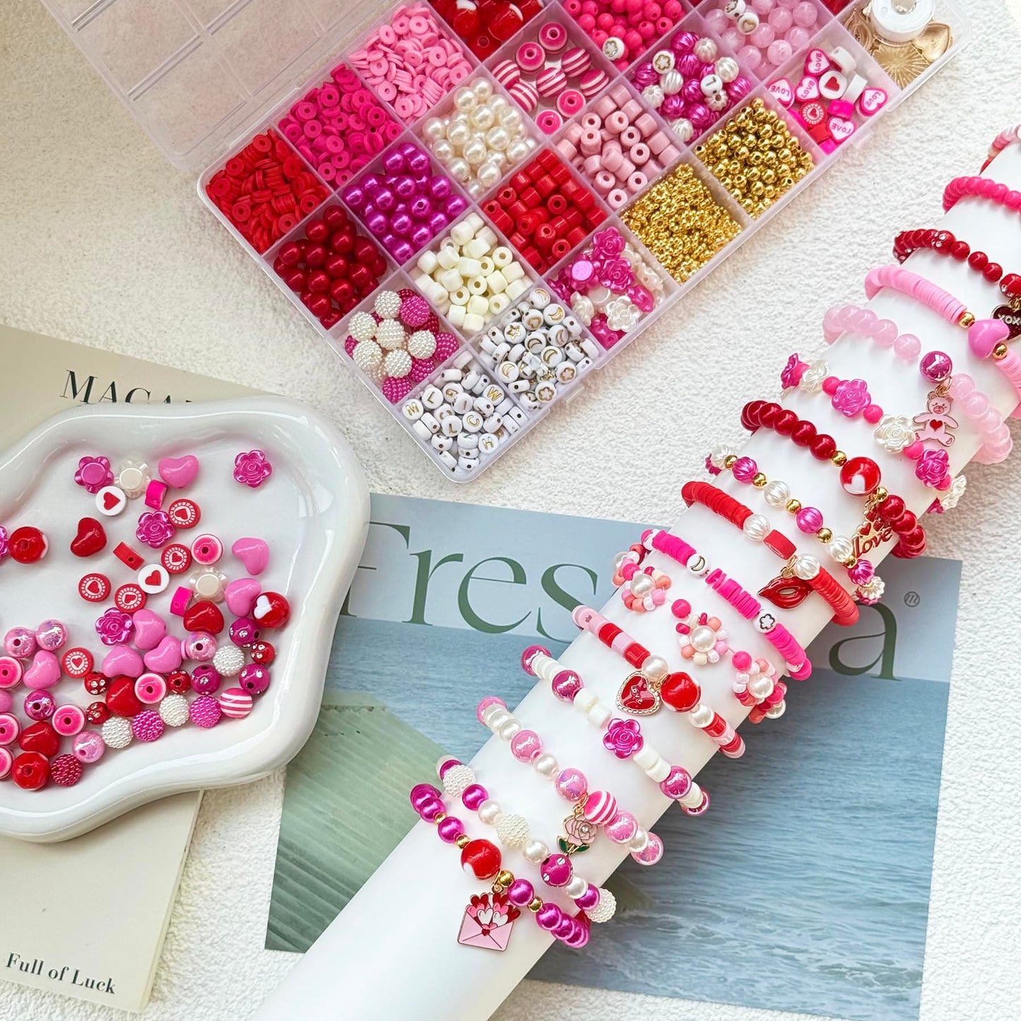 1800PCS+ Valentine’s Day Beads for Bracelets Jewelry Making Set, Pink Red Polymer Clay Beads Assorted Pearl Acrylic Heart Bead Letter Spacer Flower Bead and Heart Charms for Necklace Bracelets Making