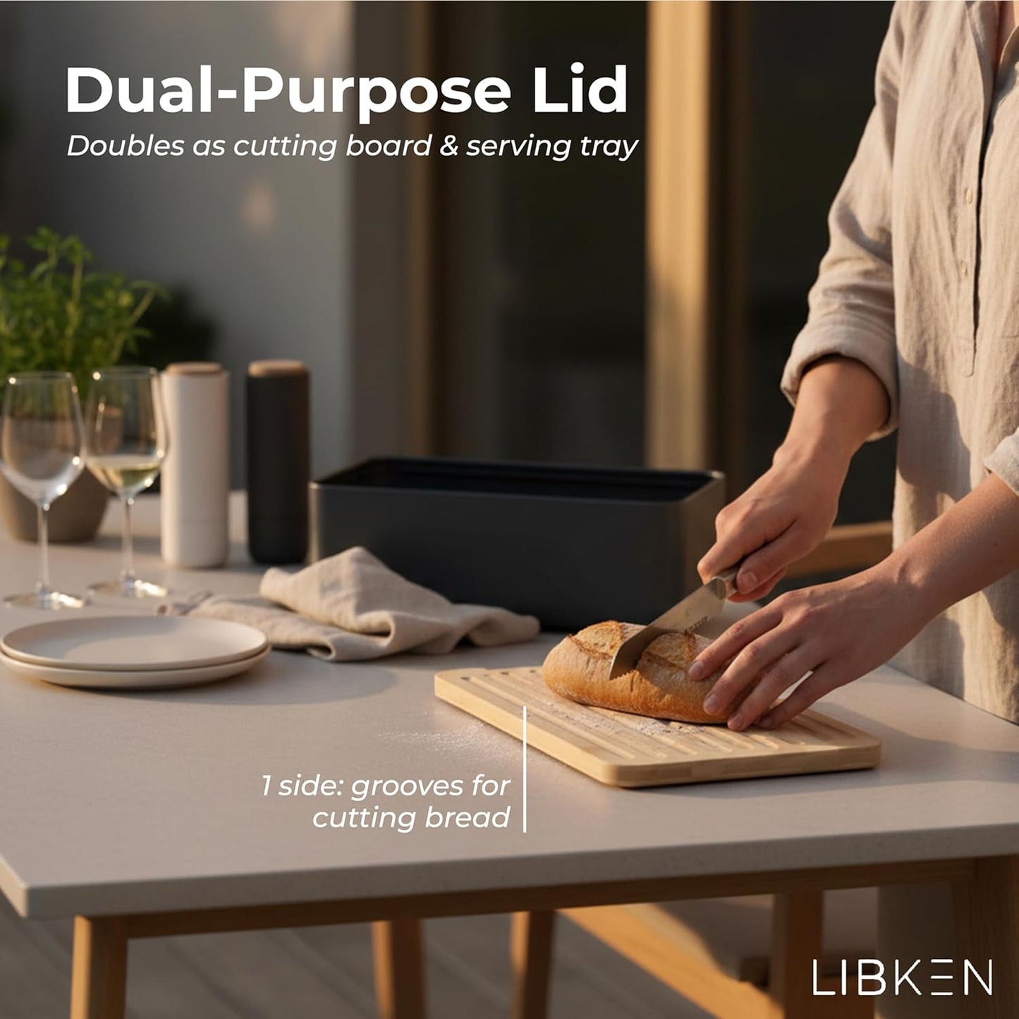 Countertop, LIBKEN Bread Box Extra Thick Steel Bread Bin with Bamboo Cutting Board Lid & Drawstring Bread Bag - Modern