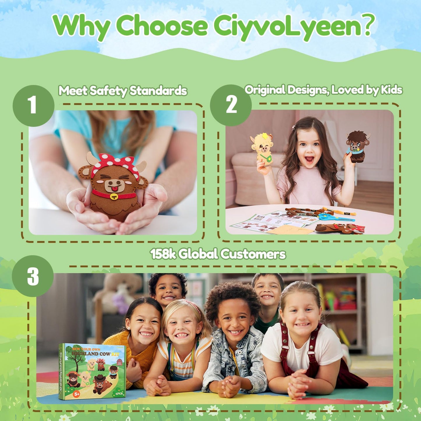 CiyvoLyeen Highland Cow Sewing Kit for Kids - Age 5 6 7 8 9 10 11 12, Beginners First Sewing Arts & Crafts with 6 PCS Stuffed Animal, All-in-One Kit, Learn to Sew Gifts Stuff for Girls Boys, Felt