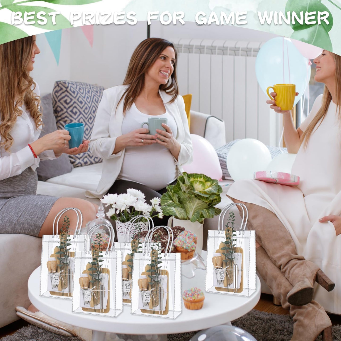 67Pcs Baby Shower Prizes for Game Winners Baby Shower Games Prizes 6 Sets Bamboo Cheese Board Spoon Fork Knives Towel Rattan Coasters Artificial Eucalyptus Stems Thank You Card Stirrers Gift Bags