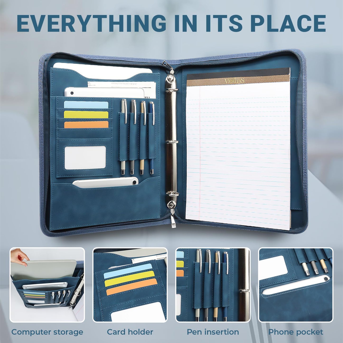 FORTAVEM Embossed Faux Leather Zippered Padfolio with 3 Ring Binder, Executive Portfolio Organizer Binder for Women, Fits 13.9" Laptop/Tablet, Refillable Writing Pad Pocket, Blue