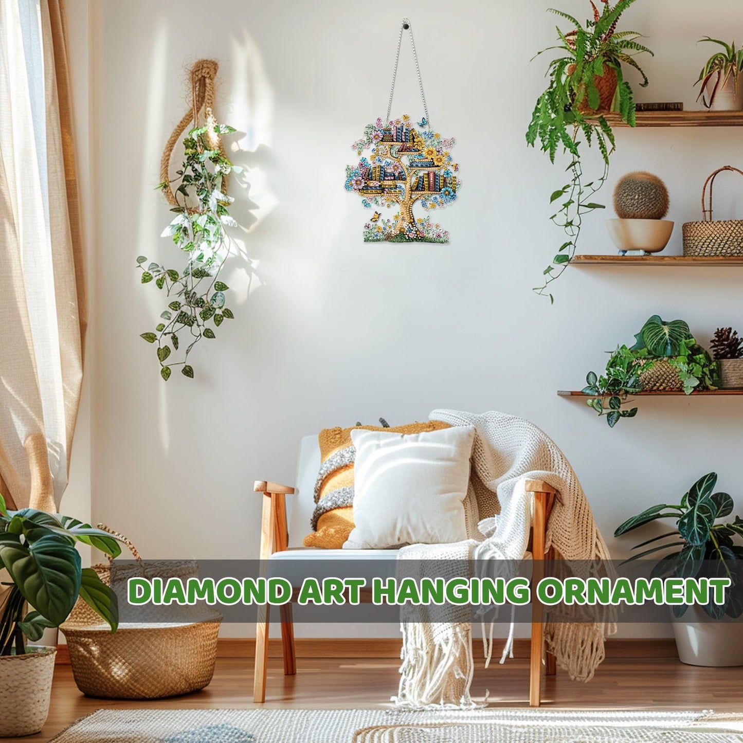 MEIYUDA Book Tree Diamond Art Hanging Kits for Adults Beginners, Book Diamond Painting Suncatchers Kit Ornaments, DIY Special Shaped Rhinestone Window Pendants Kit for Home Garden Wall Decor Gift