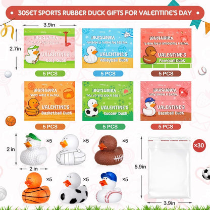 Deekin 30 Packs Valentines Gifts for Kids 2 Inches Sports Valentines Rubber Ducks Valentine's Day Exchange Gifts for Boys Girls School Classroom Prizes Cruise Ships Party Favors