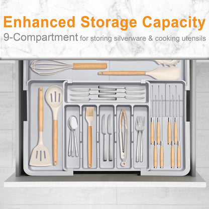Homecor Silverware Organizer - Expandable Large Kitchen Drawer Organizer Utensil Organizer with 2 Removable Knife Blocks, 22"x 19"Cutlery Tray Drawer Dividers for Kitchen Flatware(6-9 Slots) (Black)