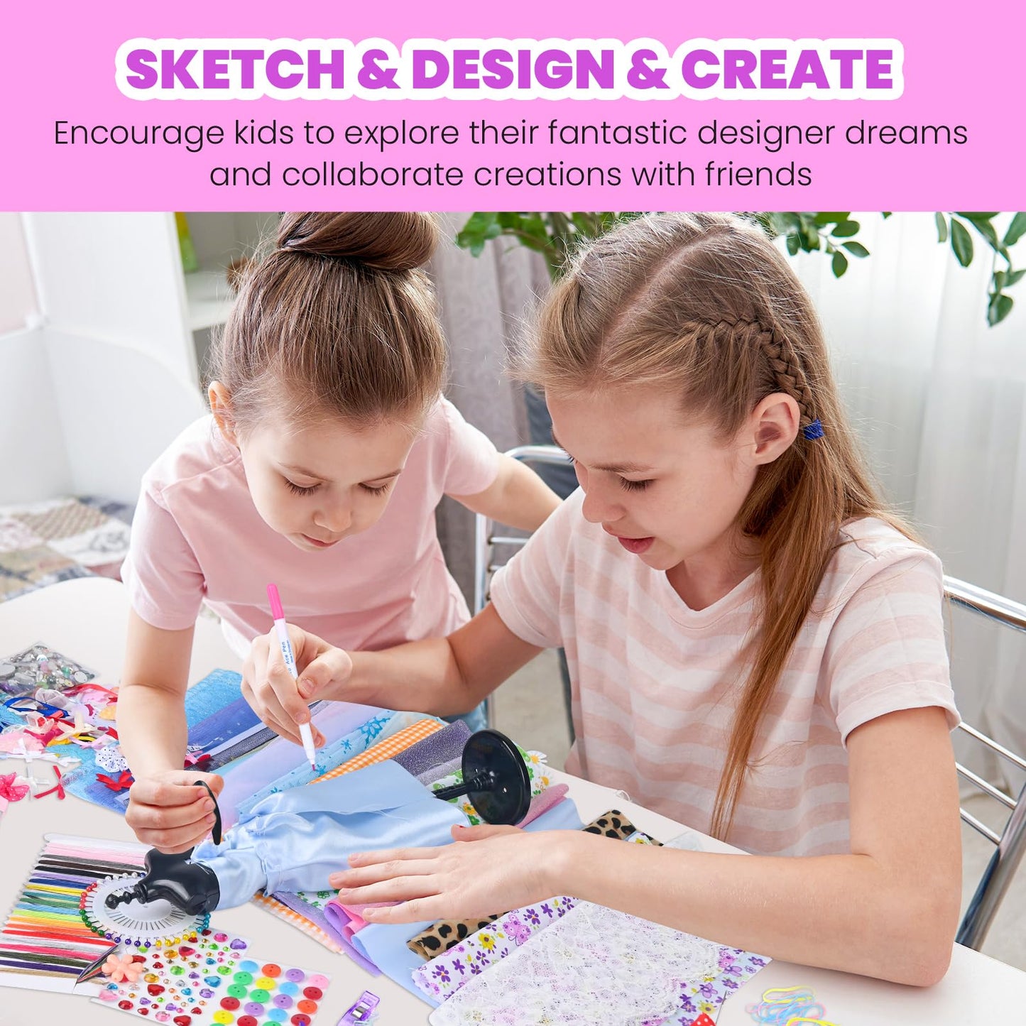700+Pcs Fashion Designer Kit for Girls - Sewing Kit Arts and Crafts Set for Kids Ages 8-12 with 5 Mannequins & Instruction DIY Doll Clothes Making Learn to Sew Toys for Girls Christmas Birthday Gift