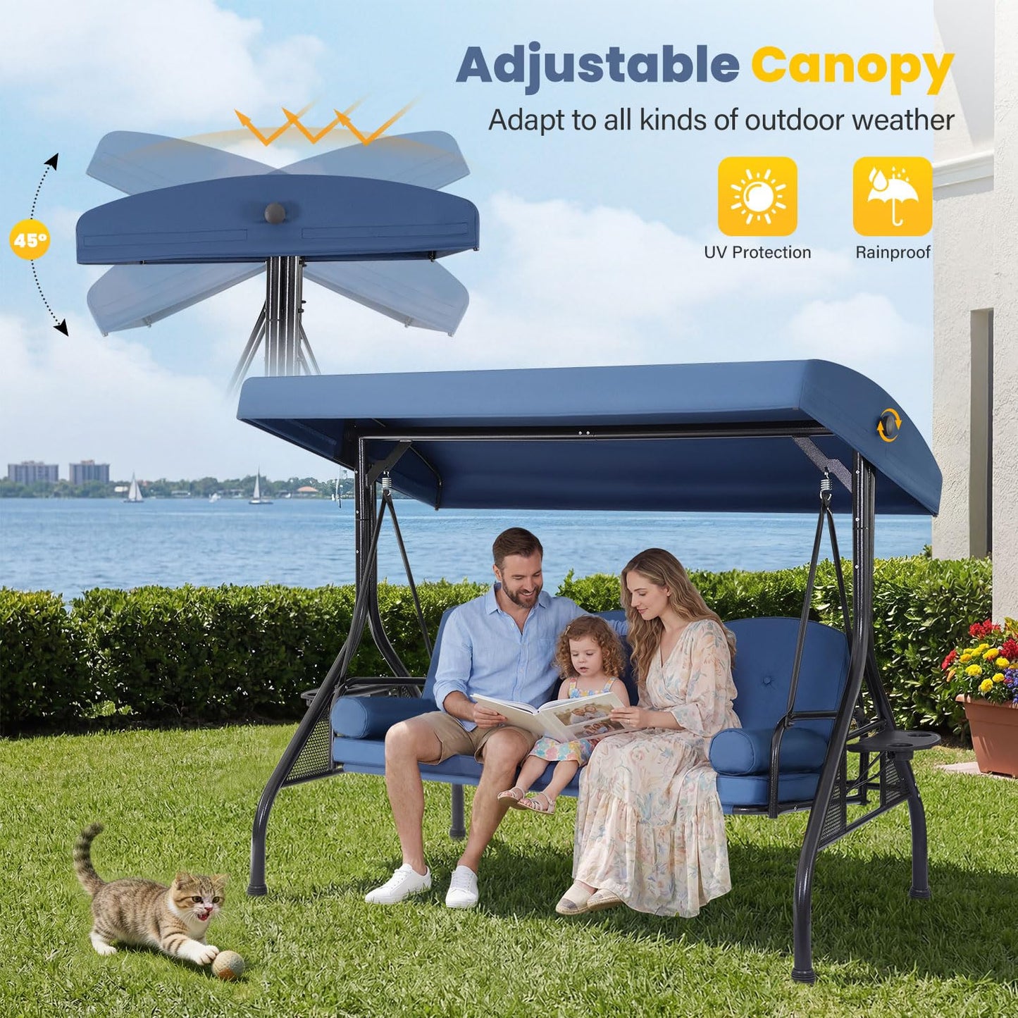 3-Seat Outdoor Porch Swing with Adjustable Canopy, Convertible 2-in-1 Patio Swing & Bed with Thick Cushions, Pillows & Cup Holders for Porch, Backyard & Garden (Blue)