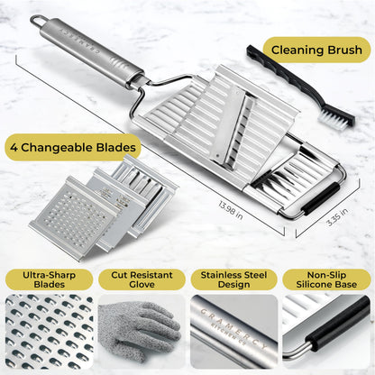 Gramercy Handheld Mandoline Slicer for Kitchen - Stainless Steel Veggie & Fruit Slicer with 4 Blades - Slicer, Julienne & Grater; Cut Resistant Safety Glove & Cleaning Brush Included; Dishwasher Safe