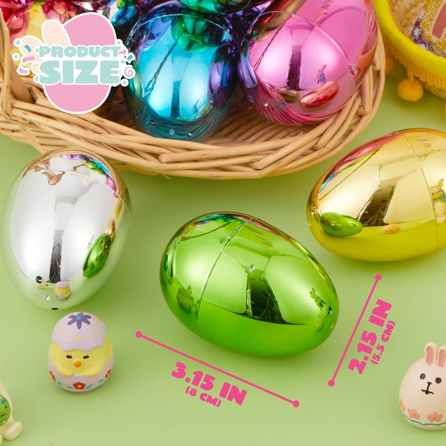 3.15" 48PCS JOYIN Metallic Easter Eggs, Shinny Plastic Eggs Colorful Bulks for Easter Hunt, Filling Treats, Easter