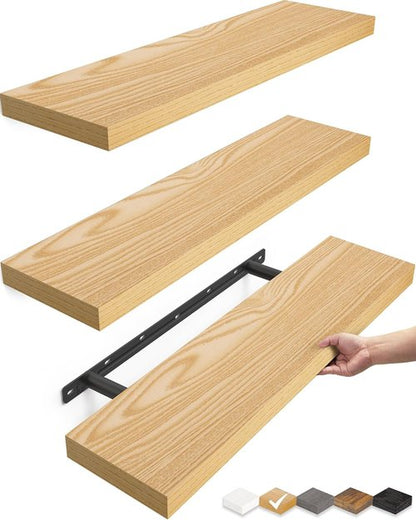 BAYKA Floating Shelves - Rustic Wall-Mounted Wood Shelves for Bathroom & Living Room | Set of 3 (Light Oak, 22.5 Inches)