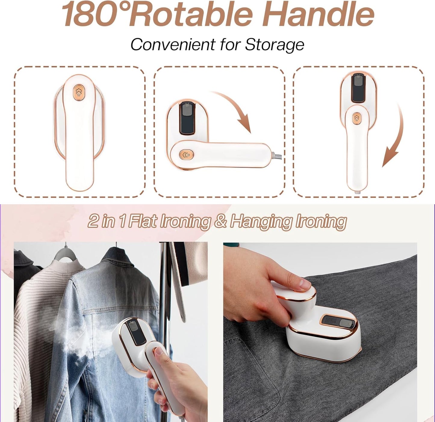 Mini Steam Iron, 970W Portable Steamer for Clothes, 180° Rotatable Handheld Steamer for Home Travel (White)