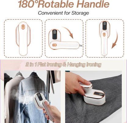 Mini Steam Iron, 970W Portable Steamer for Clothes, 180° Rotatable Handheld Steamer for Home Travel (White)