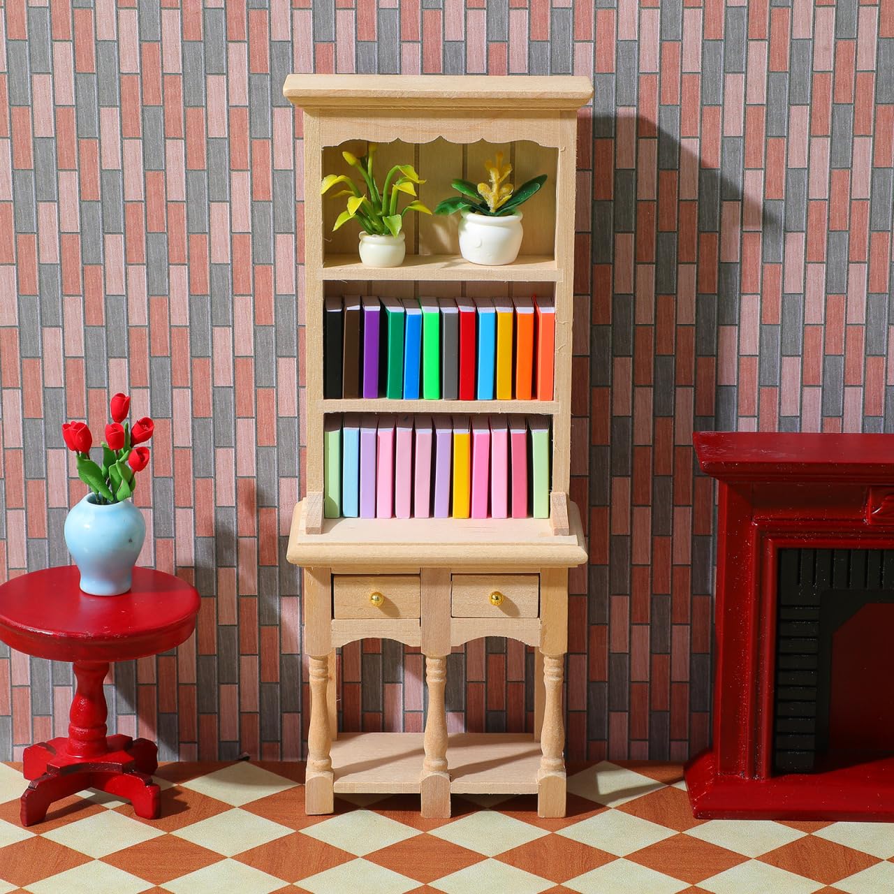 NUOBESTY 1:12 Scale Dollhouse Bookshelf, Miniature Wooden Cabinet with Drawers, Mini Display Shelf for Doll House Furniture Accessories, Tiny Library Study Room Decor Model