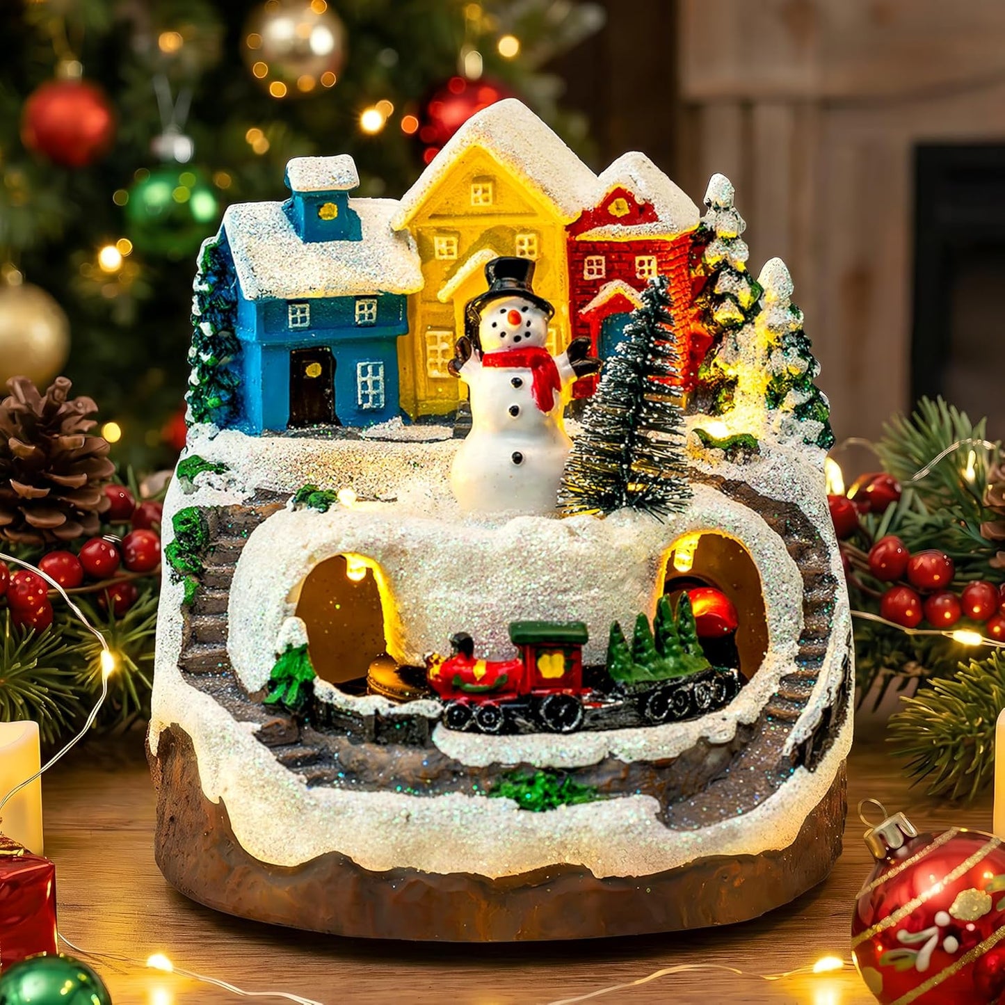 MXwcy Christmas Village House - Moving Train & Music, Lighted Snowman Figurine with 8 Holiday Songs, LED Lights