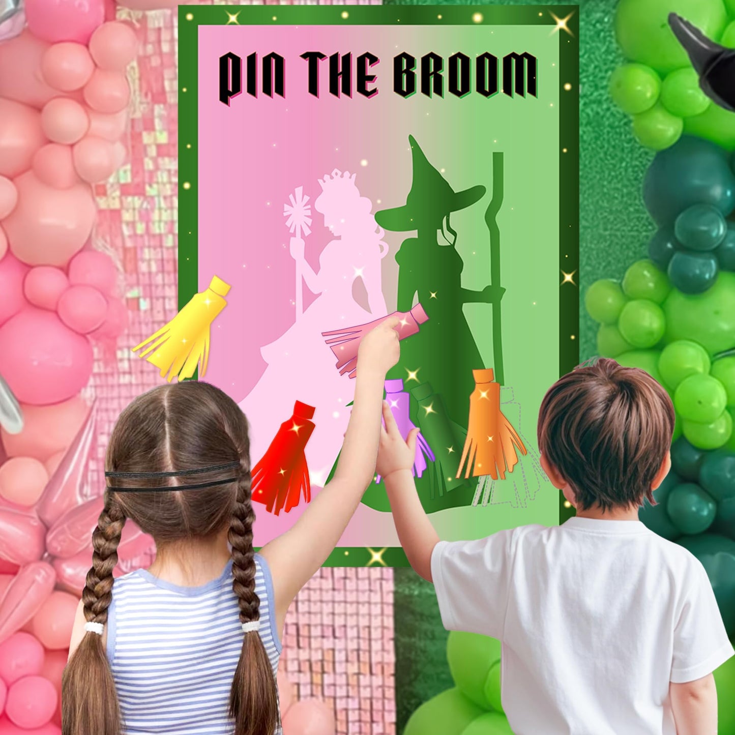 AFZMON Witch Party Decorations Pin The Broom Birthday Party Games Decorations, Pink and Green Poster with 24 Reusable Broom Stickers for Witch Party Wall Decorations Supplies- 19.5Inch x27.5Inch