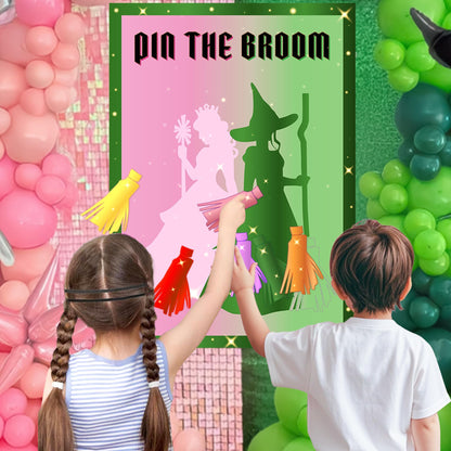 AFZMON Witch Party Decorations Pin The Broom Birthday Party Games Decorations, Pink and Green Poster with 24 Reusable Broom Stickers for Witch Party Wall Decorations Supplies- 19.5Inch x27.5Inch
