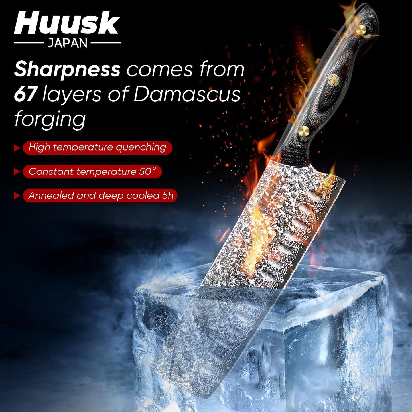 Huusk Damascus Nakiri Knife 7inch - Japanese Knives with Sharp Edge and Wooden Handle, Hand Forged Chef Knives for Home Use, Meat Vegetables Fish Knives, Christmas Gift for Men and Women