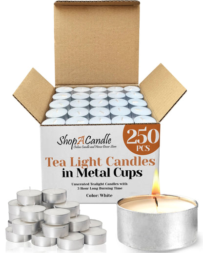 250 Pack Tealight Candles in Metal Cups - Clean, White Unscented Tealight with 3 Hour Long Burning Time - Votive Candles Bulk for Romantic Dinner, Weddings, Spa & Hotels
