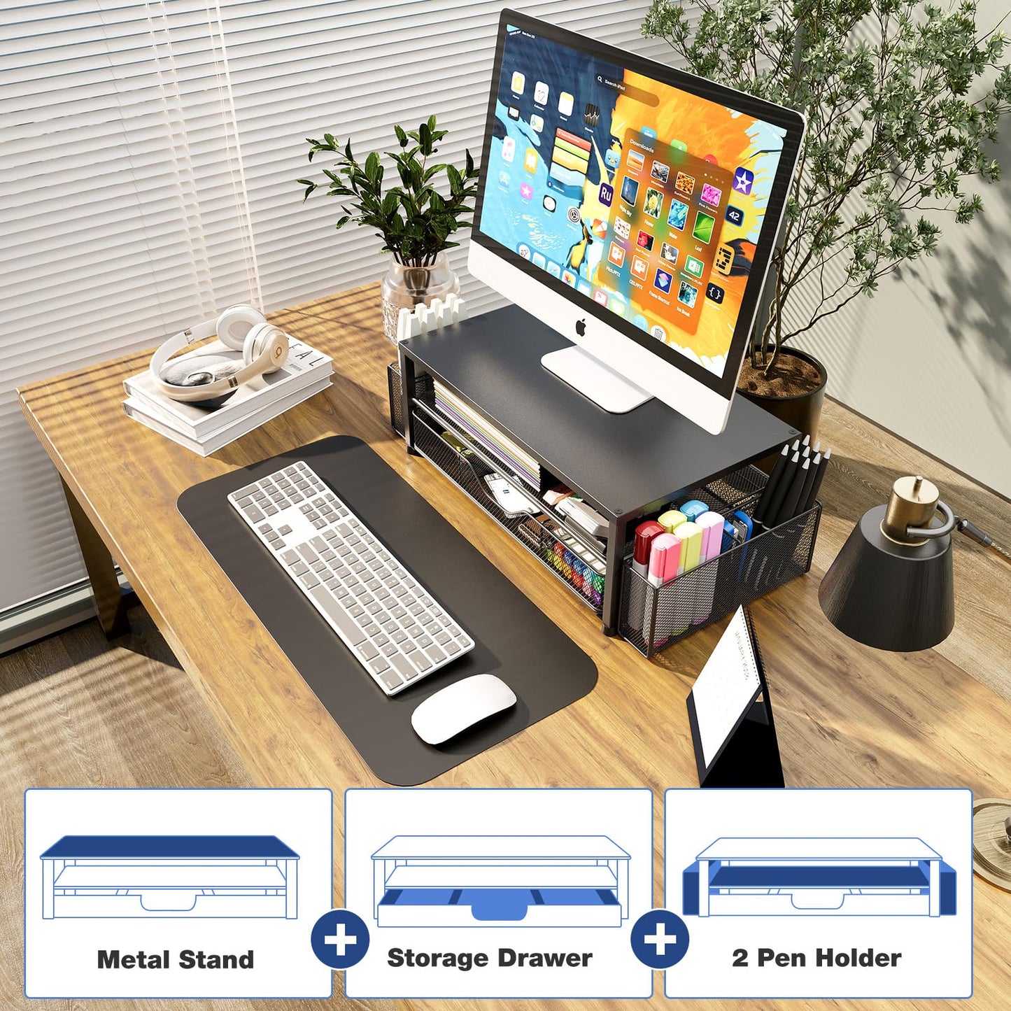 OPNICE Desk Organizer and Accessories, 2-Tier Computer Monitor Stand Riser with Drawer and 2 Pen Holders, Office Desk Accessories for Office Supplies, Black