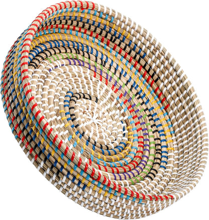 12'' SOUJOY Woven Seagrass Serving Tray, Rattan Serving Tray, Handmade Round Ottoman Fruit Tray, Colorful Coffee Table