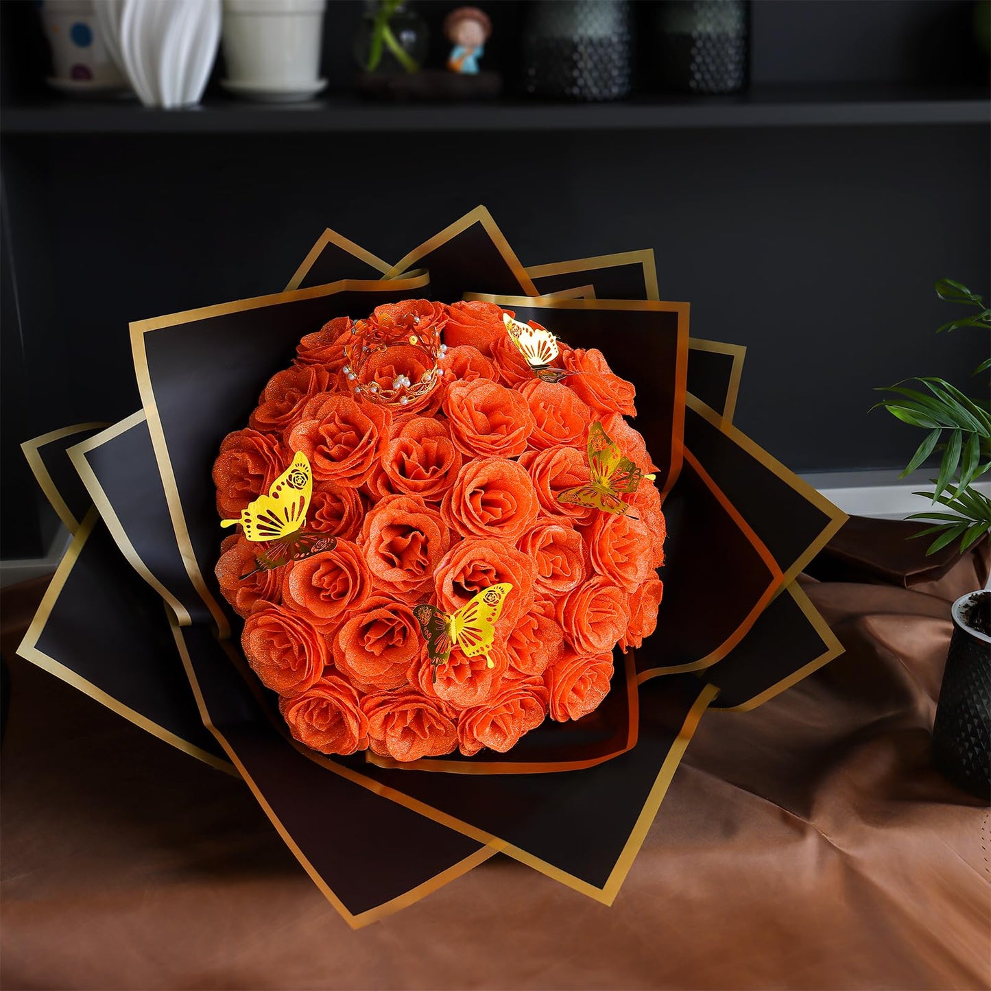CCYXSHOW Orange Glitter Flowers Bouquet, Fake Roses Bouquet 16 Pcs DIY Glitter Rose Bouquet Kits Birthday Gifts for Women Mom Mothers Day Anniversary Graduation