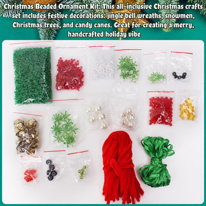 AWHETIE Christmas Crafts for Kids and Adults, 40 Sets Beaded Ornament Kit with 20 Wreaths with Bell, 5 Snowman, 5 Trees, 10 Candy Canes, Holiday Decorations