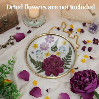 Beedecor Round Pressed Flower Glass Frame with Hanging Chain – Real Dried Flowers Arranged in Crescent Shape | Double Glass Floating Frame Wall Décor | Boho Home & Gift Decoration