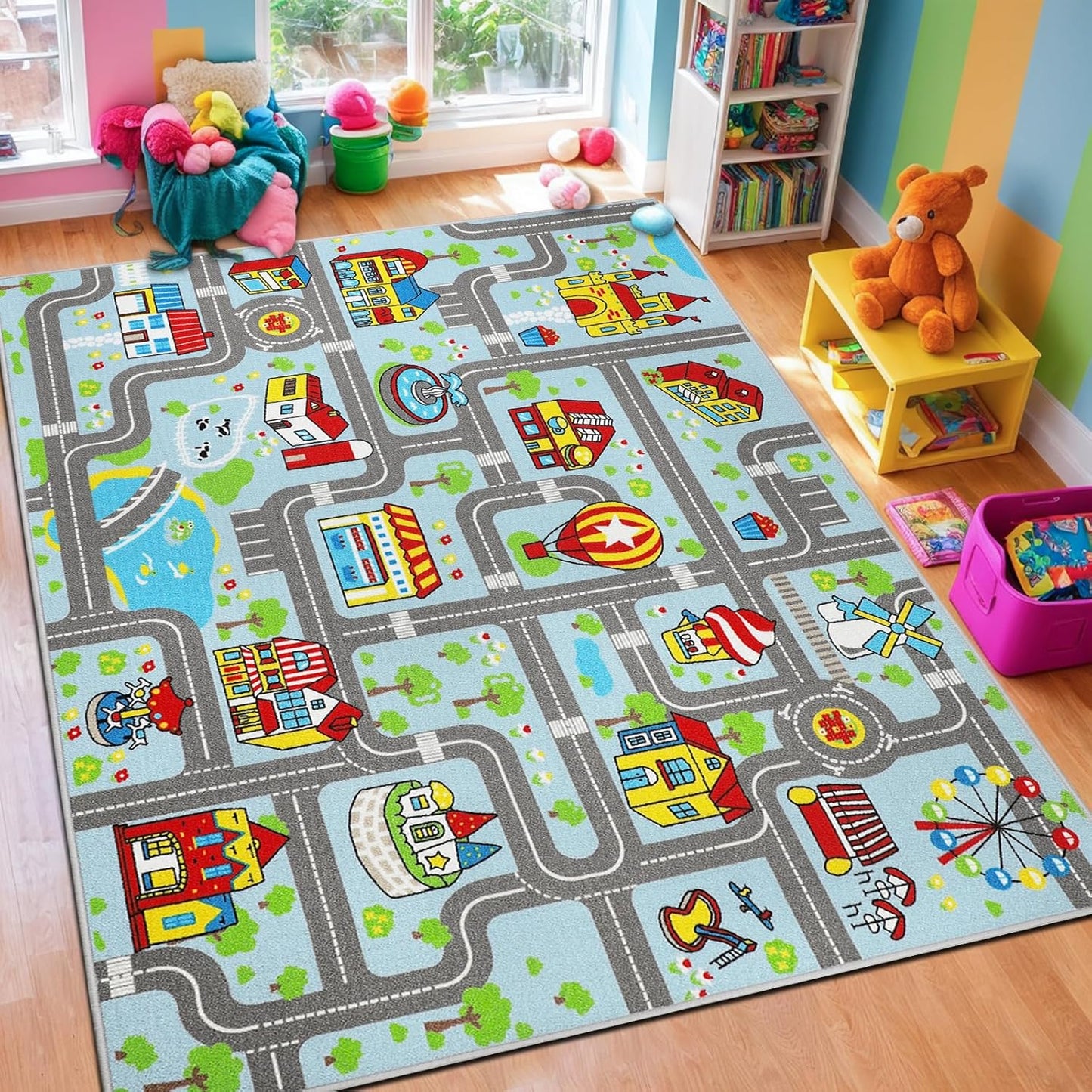 6.6x5.0ft Capslpad Kid Rug for Playroom Sky Blue Play Rug Traffic Road Car Play Mat Educational Learning Area Rug