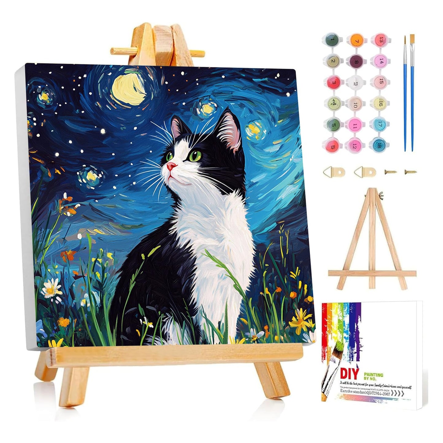 Framed Paint by Numbers Kit for Adults Beginner & Kids Ages 8-12 Cat Adult Paint by Number Kits on Canvas with Easel Starry Night Painting by Numbers for Adults with Frame DIY Painting Kits 8x8 Inch