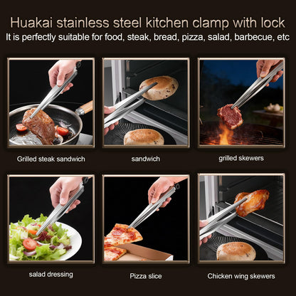 Huakai Locking Stainless Steel Kitchen Tongs, 12-inch Grill Tongs,Heat-Resistant up to 600°C, Precision Serrated Tip Design,Easily Grab and Flip Toss Steaks, Bread, Pizza, Salads, and Grilled Foods