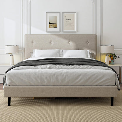 Mxhtcewz King Size Linen Bed Frame, Upholstered Platform Bed Frame with Adjustable Headboard, Wooden Slats Support, Easy Assembly, No Box Spring Needed, Beige