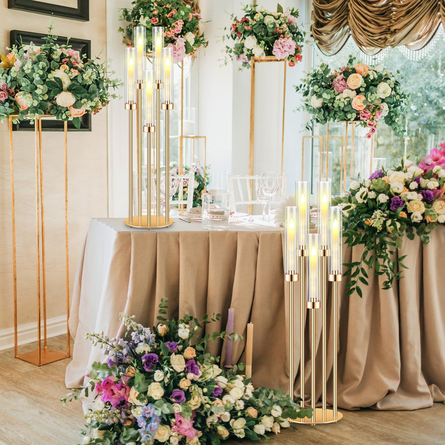 Tandefio 8 Pcs Acrylic Candelabra Centerpieces 35" Tall Clear Candle Holders Pillar Taper Candlestick with Lampshades 5 Arm Floor Candelabra Stand for Wedding Christmas Ceremony Dinner Party